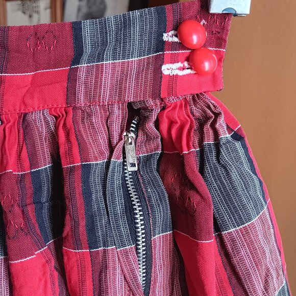 20" 20W Vtg 50s ROCKABILLY COUNTRY COTTON RED PLAID PRINT COTTON SIDE ZIP Skirt - Picture 3 of 6